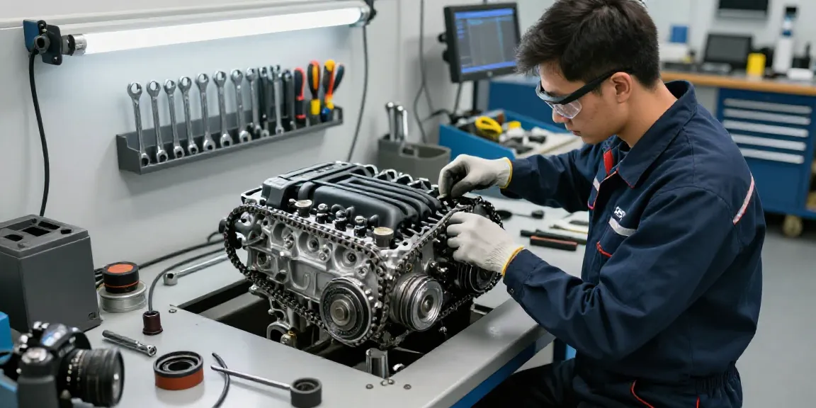Skilled mechanic examining BMW engine timing chain in Hannover workshop.