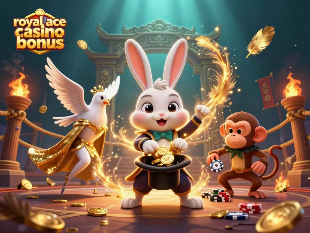 Engage with the royal ace casino bonus through an enchanting scene with a magician rabbit and friends.