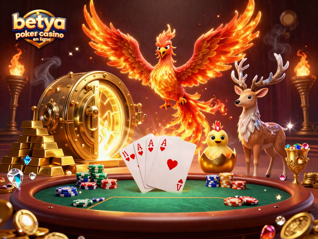 Experience thrilling poker action at betya poker casino en ligne with vibrant illustrations of poker and a majestic phoenix.