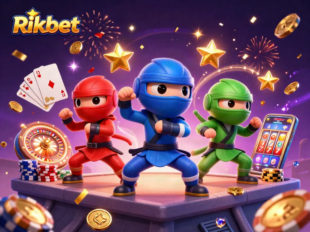 Rikbet showcases a dynamic scene with ninja chameleons in martial arts poses surrounded by casino elements.