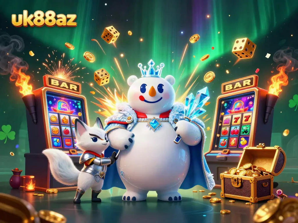 Experience thrilling gaming at uk88az with a polar bear king and fox amidst casino game symbols.