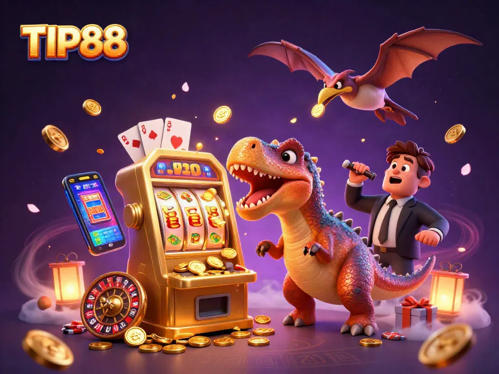 Experience the excitement at TIP88 casino with a dynamic 3D cartoon scene featuring a dinosaur and a slot machine.