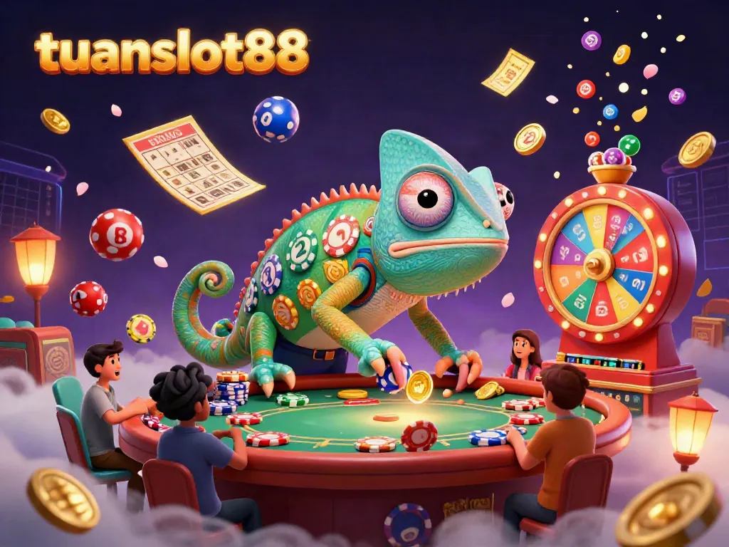 Permainan menarik di tuanslot88 dengan chameleon kasino yang menangkap koin emas dan acara perjudian lainnya.