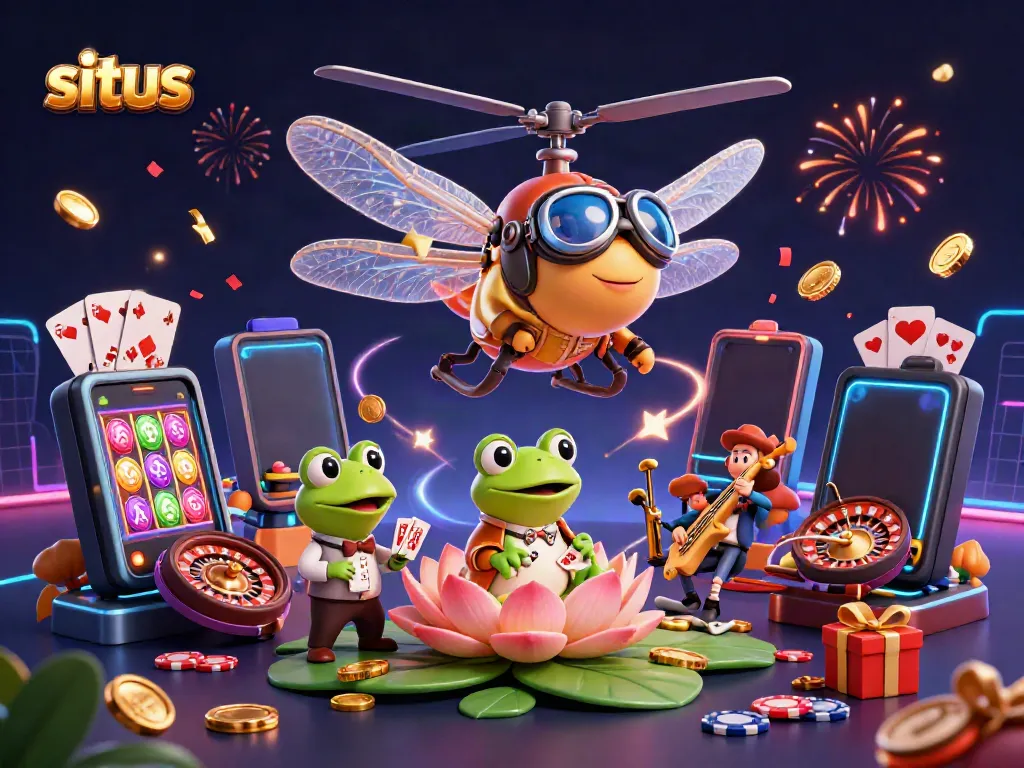 A vibrant 3D illustration showcasing situs-themed casino elements with a dragonfly pilot and frog croupier in action.
