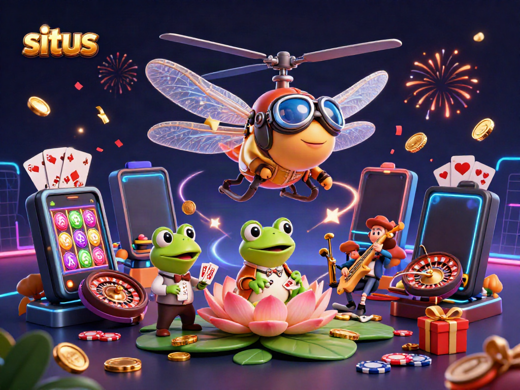 A vibrant 3D illustration showcasing situs-themed casino elements with a dragonfly pilot and frog croupier in action.