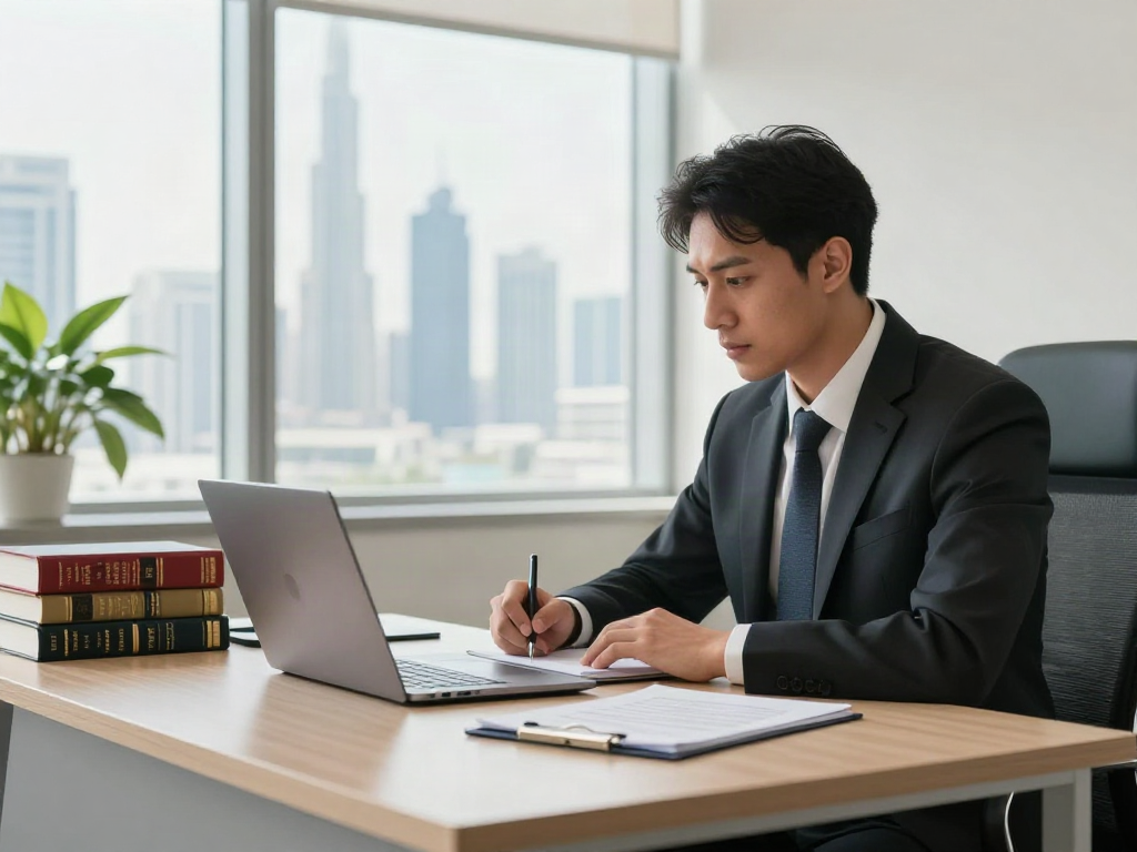 Arrest Warrant Lawyer Dubai consulting in modern legal office with skyline view.