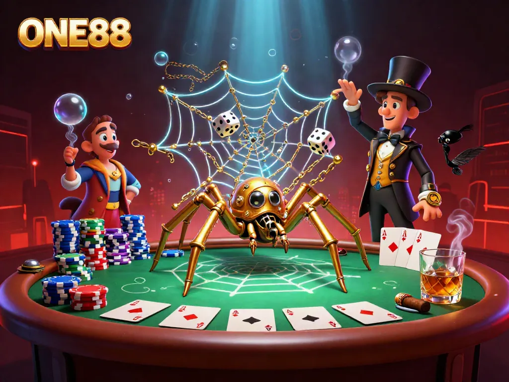 Experience the thrill of gambling with ONE88's dynamic 3D illustration of a steampunk spider and poker elements.