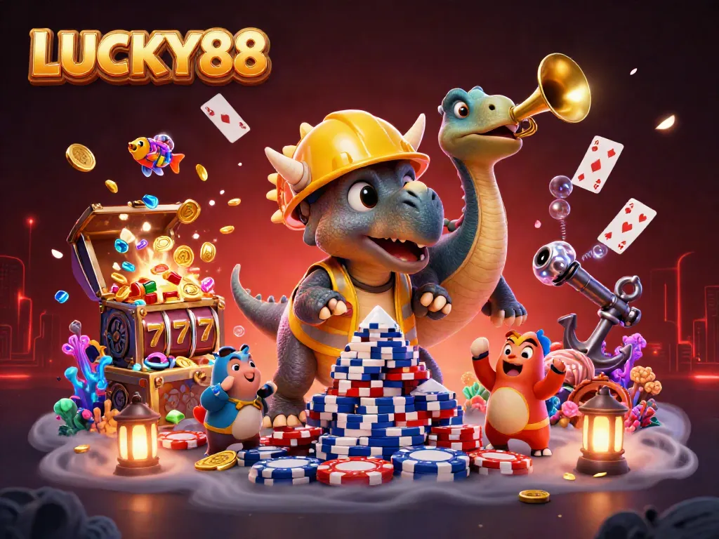 Experience thrilling gameplay at LUCKY88 with vibrant casino elements and cheerful characters celebrating a big win.