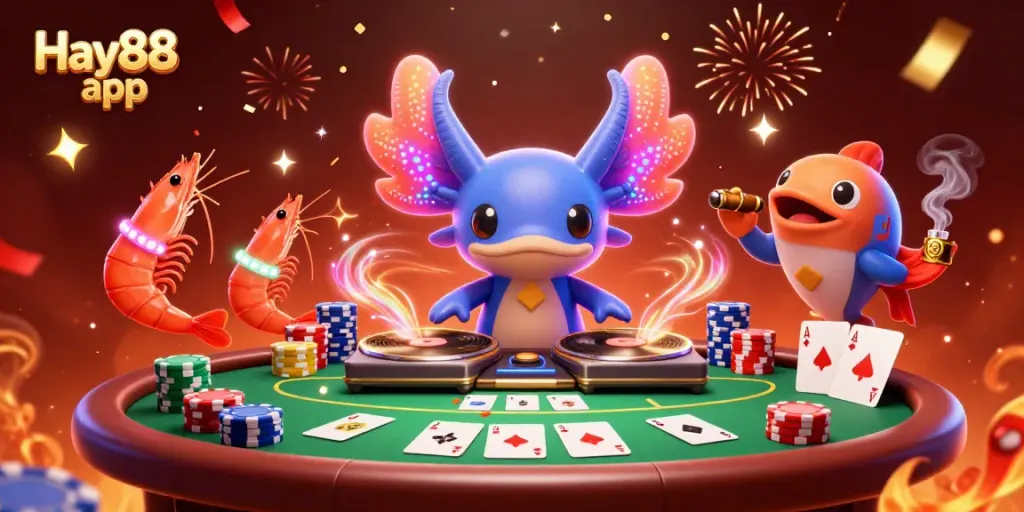 Experience the excitement of the Hay88 app with a vibrant casino scene featuring animated characters and poker elements.