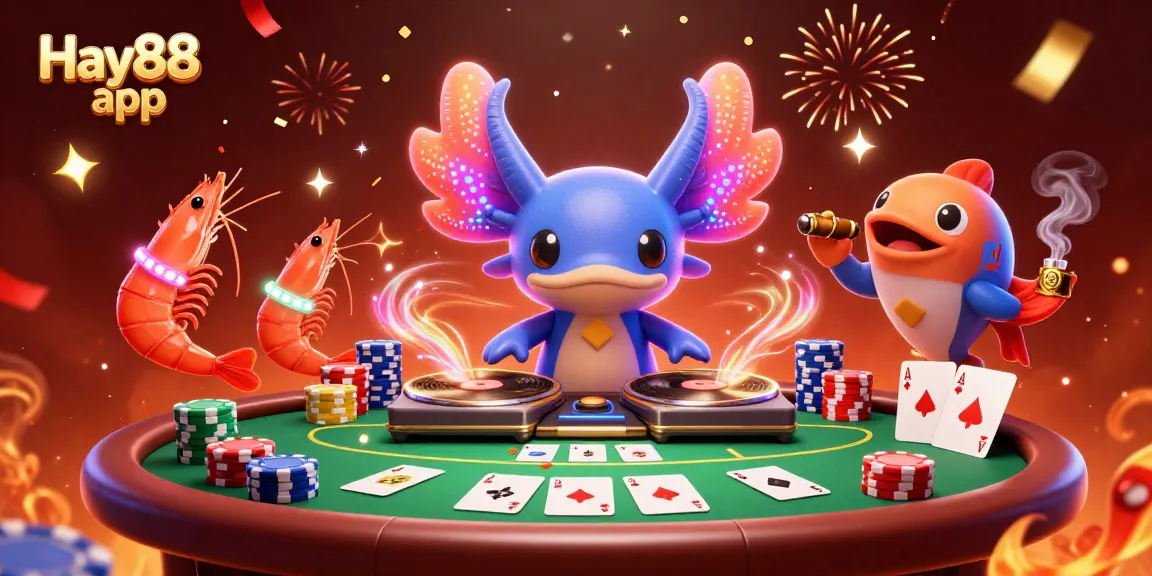 Experience the excitement of the Hay88 app with a vibrant casino scene featuring animated characters and poker elements.