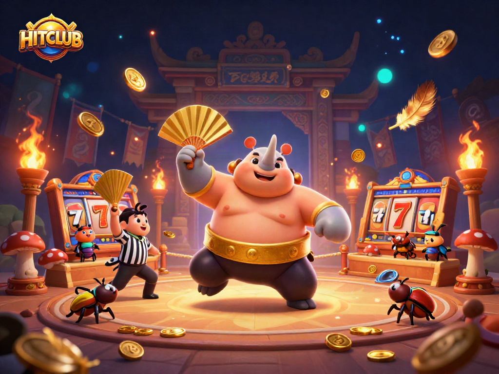 HITCLUB features a dynamic casino scene with a beetle champion, coins, and slot reels