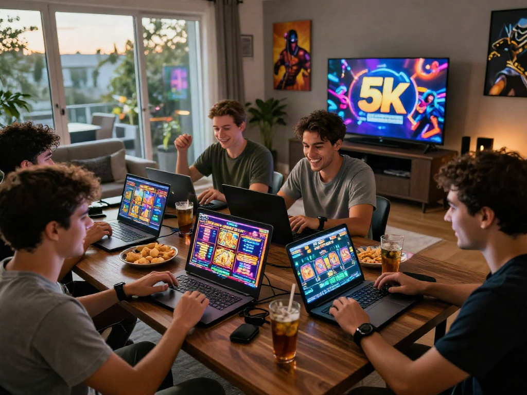 Friends enjoying online gaming at home with slot depo 5k theme in vibrant atmosphere.