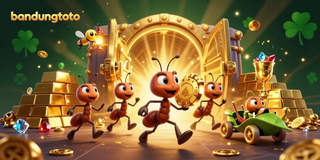 Experience thrilling gameplay at bandungtoto: ants carrying a golden poker chip through a treasure tunnel.