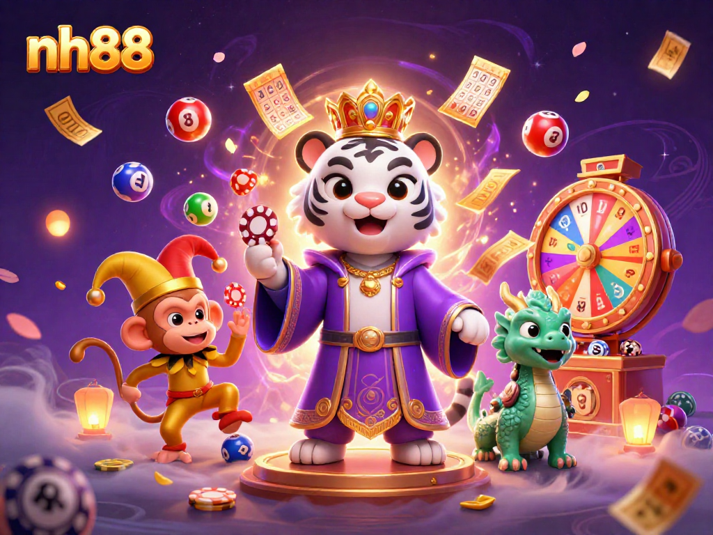 Experience excitement at nh88 with animated characters celebrating lottery wins and energetic casino vibes.
