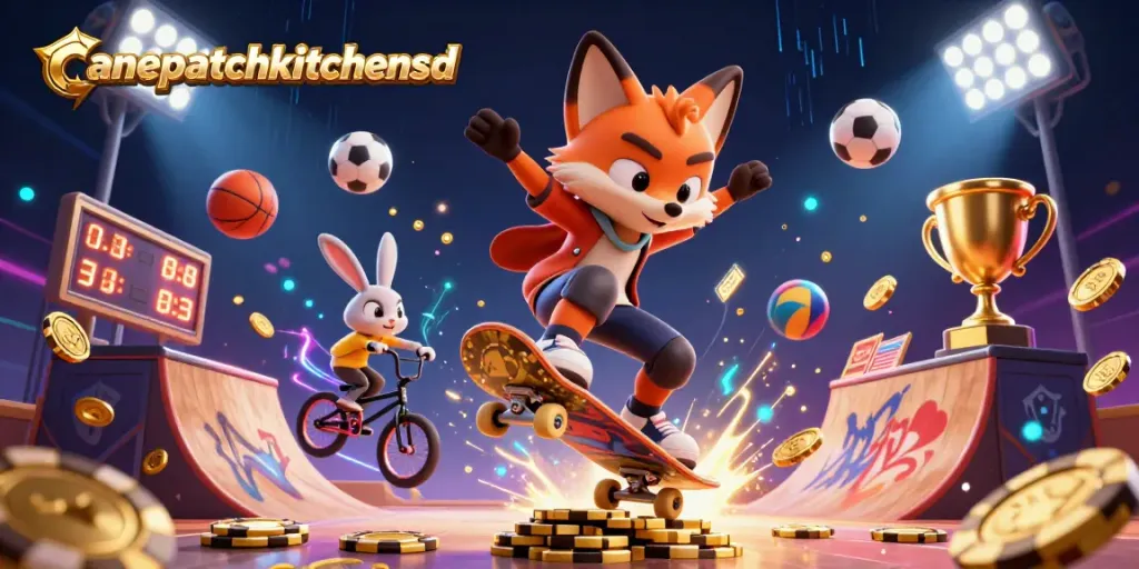 canepatchkitchensd offers a dynamic scene with a skateboarder fox and BMX rabbit immersed in casino-themed excitement.