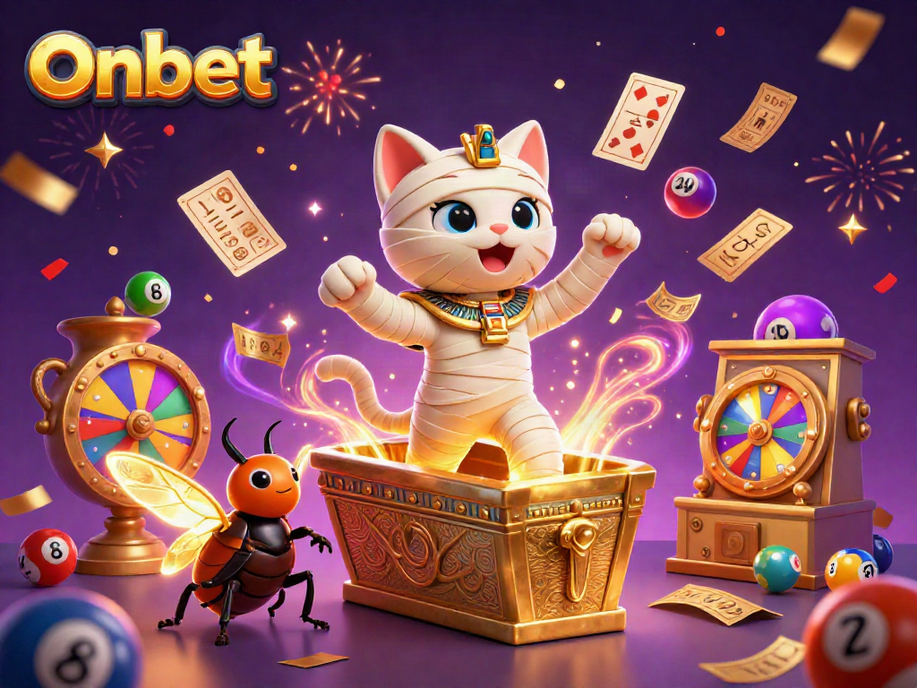 Engage in the vibrant world of Onbet with playful mummy cat and dynamic casino elements floating in a magical setting.