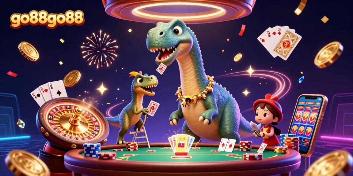 Experience excitement with go88go88 as a brontosaurus towers over a bustling casino scene.