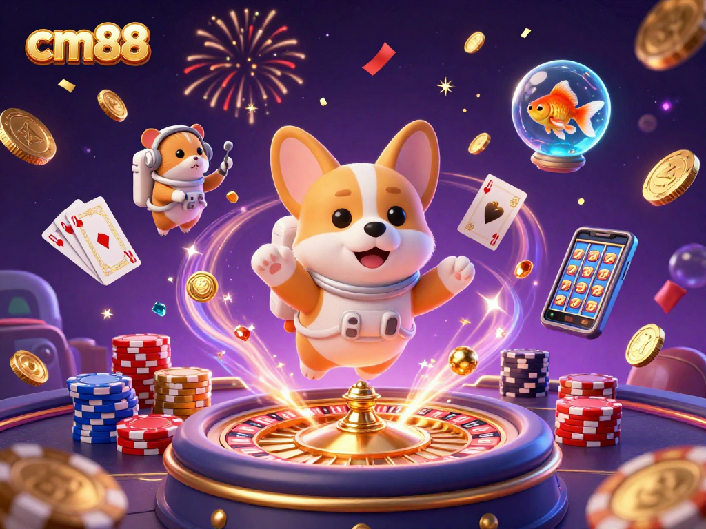 Experience thrilling gaming at CM88, featuring a 3D astronaut corgi in a vibrant casino.