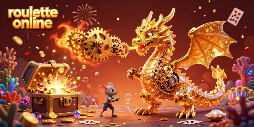 Experience thrilling roullete online gameplay with a magical biomechanical dragon amidst vibrant casino elements.