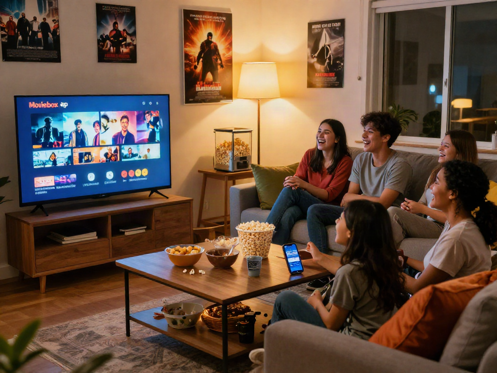 Friends enjoying movie night with Moviebox apk streaming on TV, cozy living room setting.