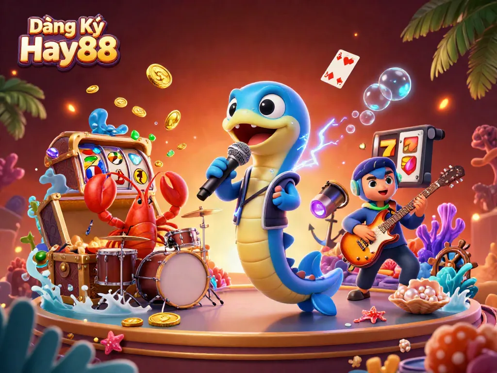 Experience the thrill of Đăng Ký Hay88 with dynamic characters in an underwater casino themed illustration featuring vibrant colors and action.