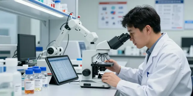 Scientist analyzing peptide list and prices in a modern research lab.