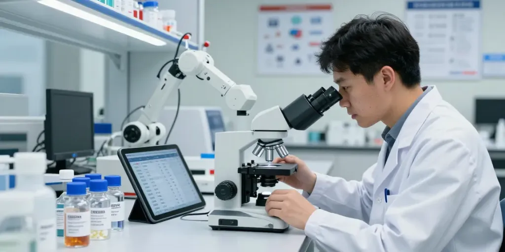 Scientist analyzing peptide list and prices in a modern research lab.