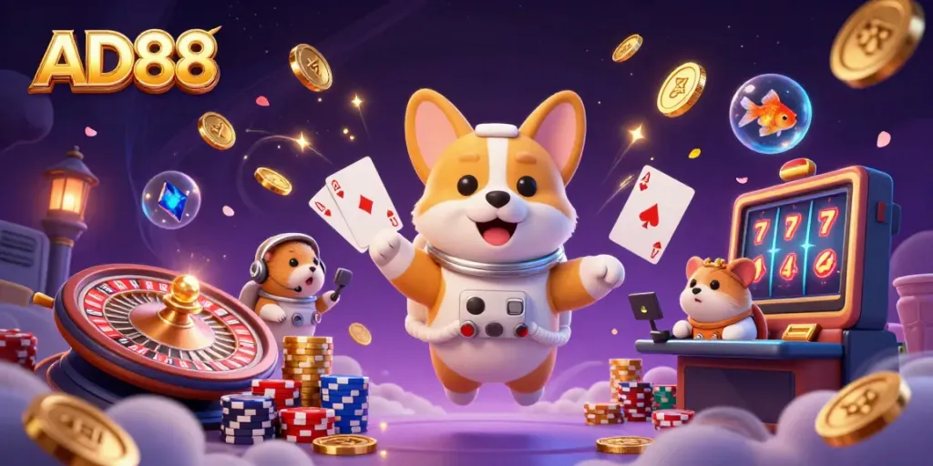 Experience the excitement of AD88 in a whimsical casino scene with playful characters and dynamic gaming elements.
