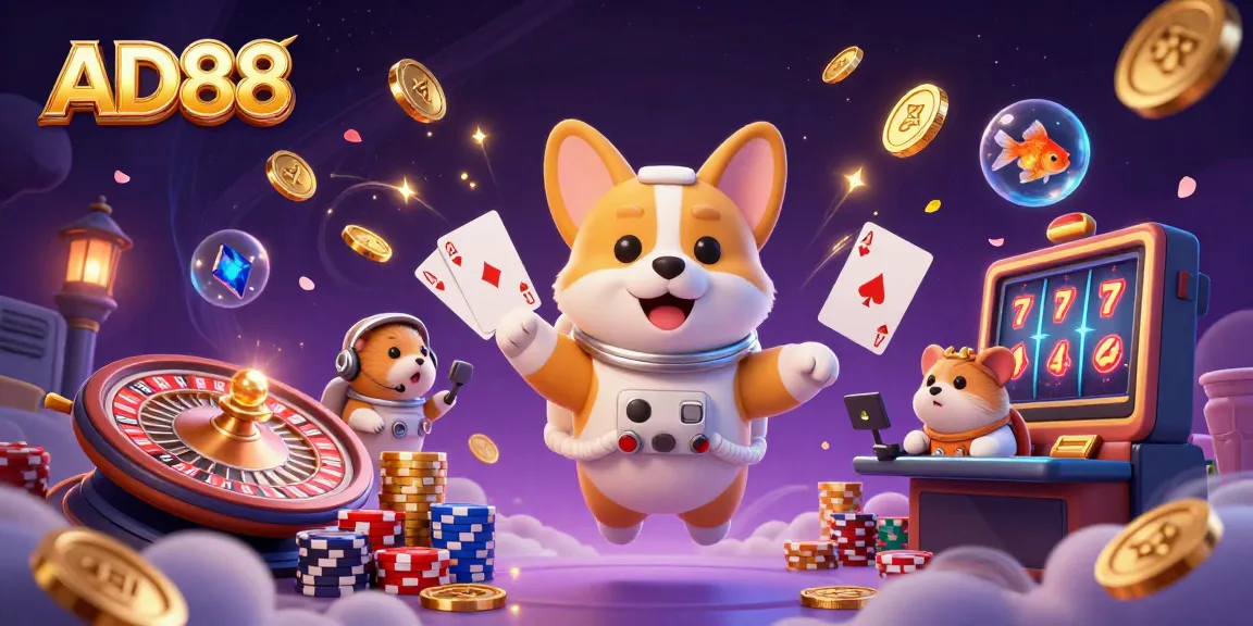 Experience the excitement of AD88 in a whimsical casino scene with playful characters and dynamic gaming elements.