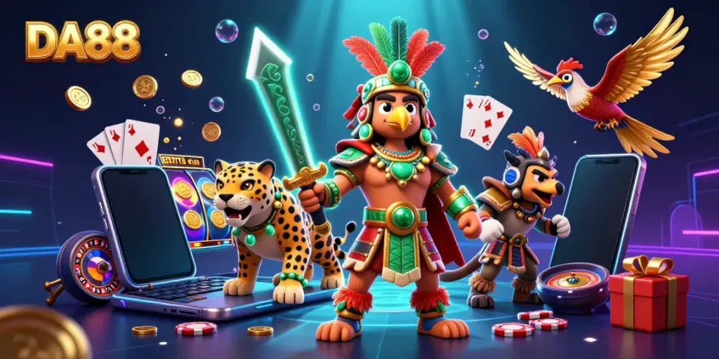 Experience DA88's thrilling gaming adventure with vibrant casino elements and Aztec warriors.