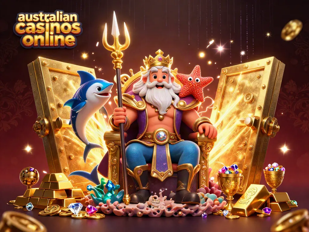 Experience the thrill of australian casinos online with a vibrant underwater scene featuring Neptune and treasure elements.