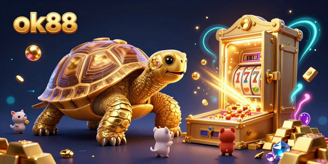 Experience the fun at ok88 with our colossal tortoise pinball machine and slot reels, vibrant casino atmosphere.
