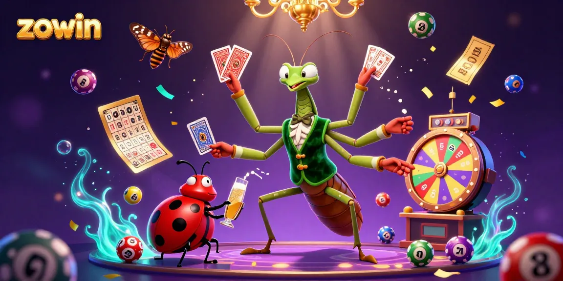 Engage with the vibrant world of zowin featuring a giant card sharp and ladybug pit boss, in an exciting online gambling scene.