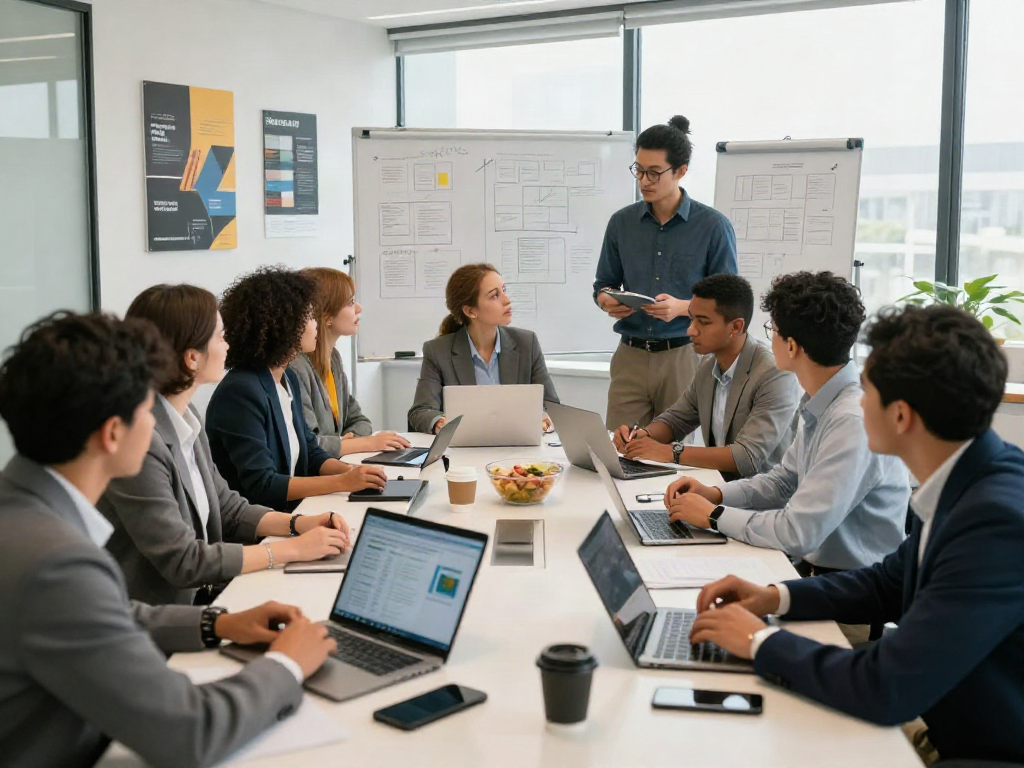 Tim profesional berkolaborasi dalam sesi pertemuan strategis, menampilkan data analisis, bekerja dengan cepat di lingkungan kantor modern, mengintegrasikan快连官方.