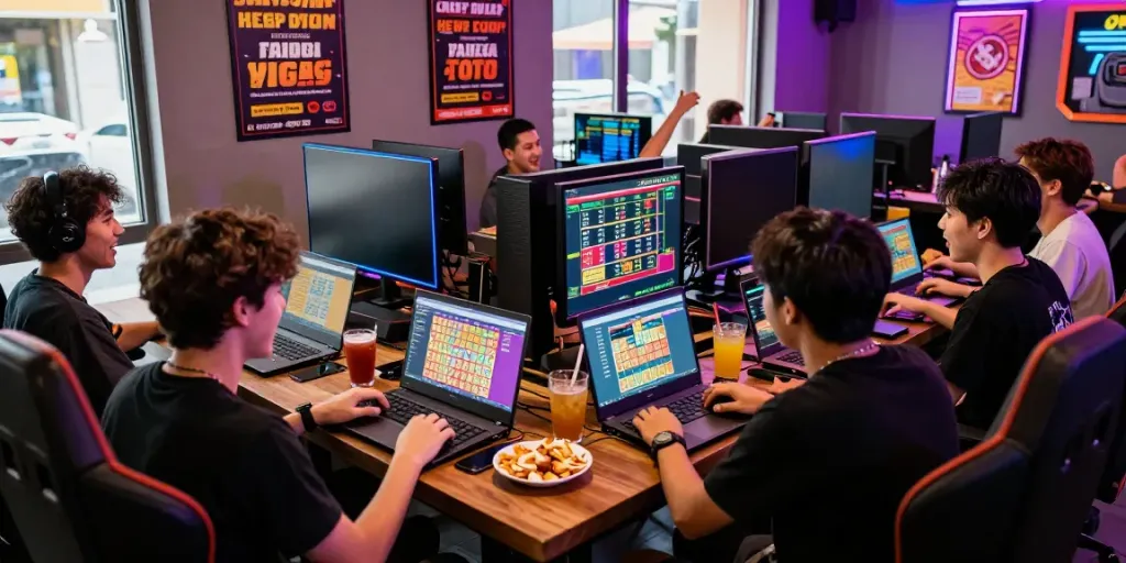 The excitement of friends engaging with harga toto gaming in a colorful gaming café.