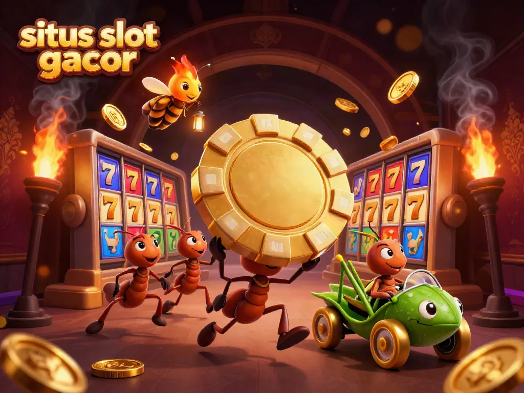Slot gacor menang, semut merampok chip poker emas di kasino dengan simbol slot yang berputar.