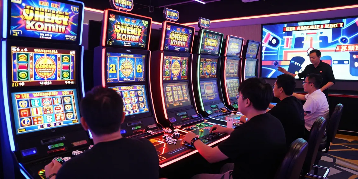 Exciting online casino featuring vibrant bandar slot gameplay with digital slot machines, neon lights, and celebratory atmosphere.