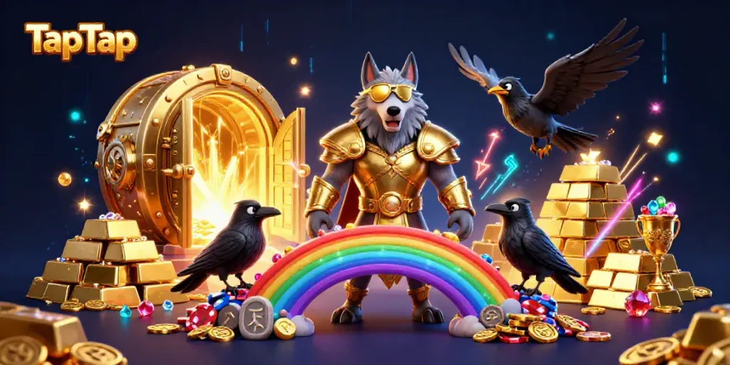 TapTap's vibrant casino world visual featuring Odin's wolf and gold treasures.