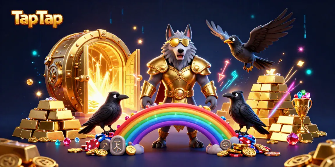 TapTap's vibrant casino world visual featuring Odin's wolf and gold treasures.