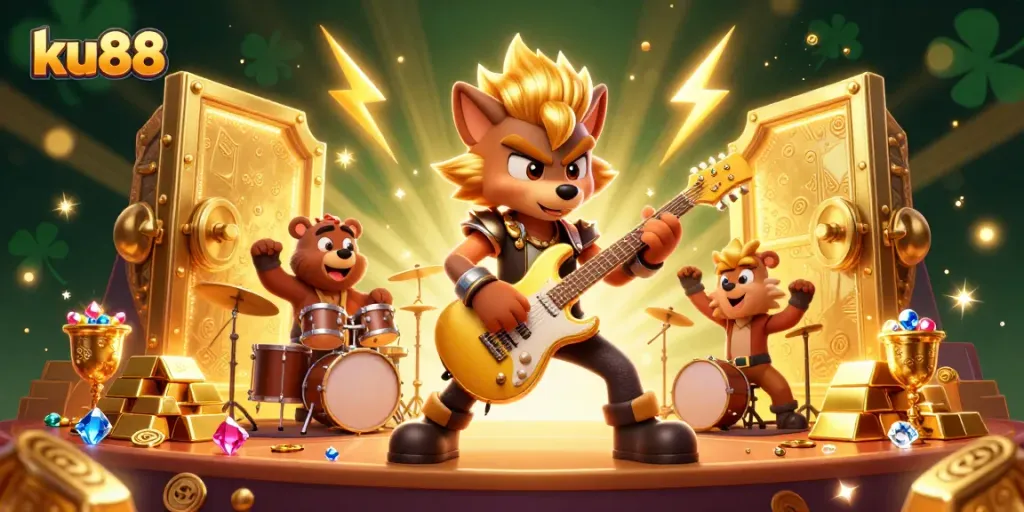 ku88's thrilling casino scene featuring a rock star wolf and drummer bear amidst gold and gems.