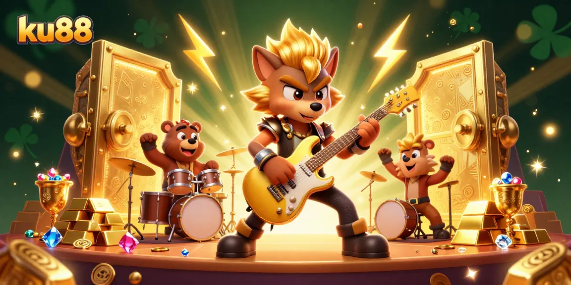 ku88's thrilling casino scene featuring a rock star wolf and drummer bear amidst gold and gems.