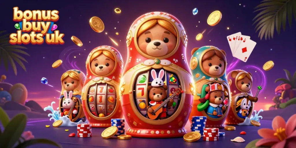 Experience exciting bonus buy slots UK with vibrant characters and dynamic casino elements in a lively 3D illustration.