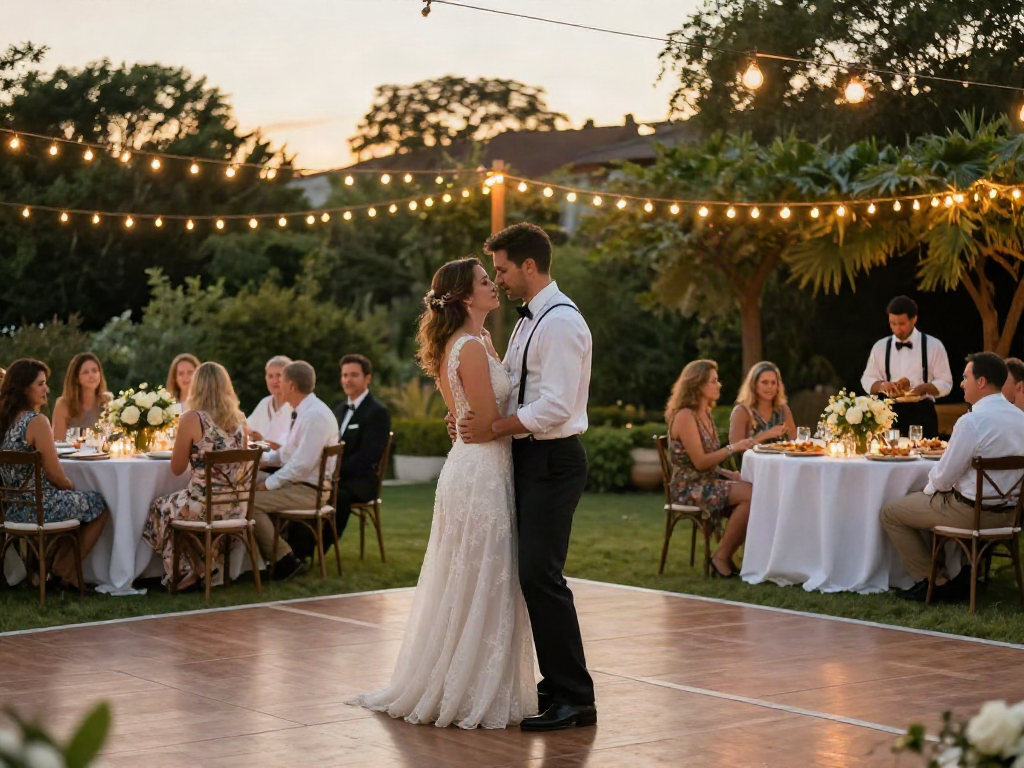 Outdoor wedding reception showcasing event rentals with elegant décor and joyful couple dancing.