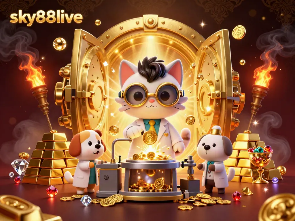 Experience thrilling wins with sky88live in a vibrant 3D casino scene filled with gold and excitement.