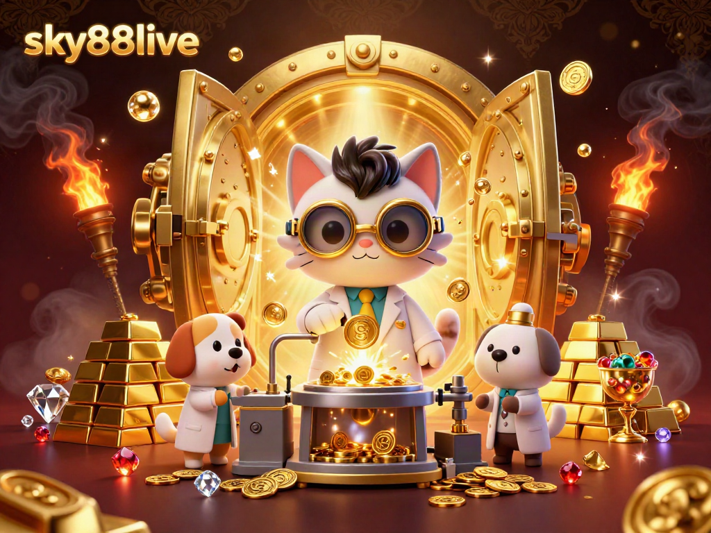 Experience thrilling wins with sky88live in a vibrant 3D casino scene filled with gold and excitement.