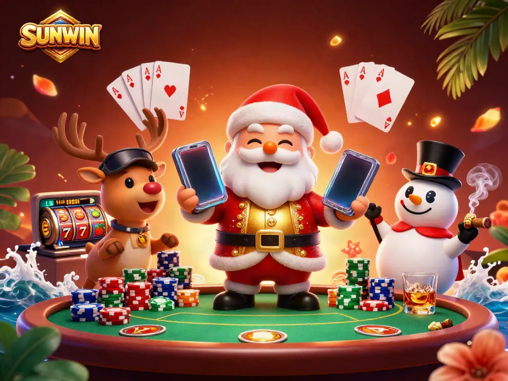Santa Claus celebrates wins at SUNWIN casino with 3D friends and jackpot slots.