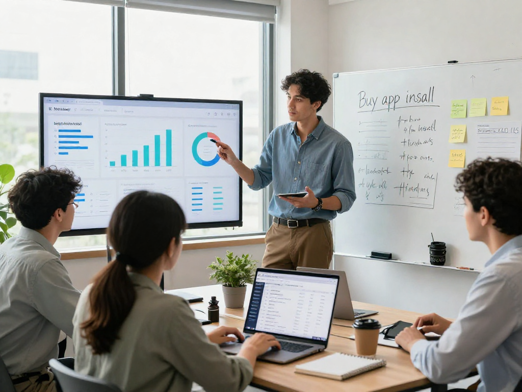 Buy app install strategies illustrated in a collaborative marketing office environment with diverse professionals analyzing app performance metrics.