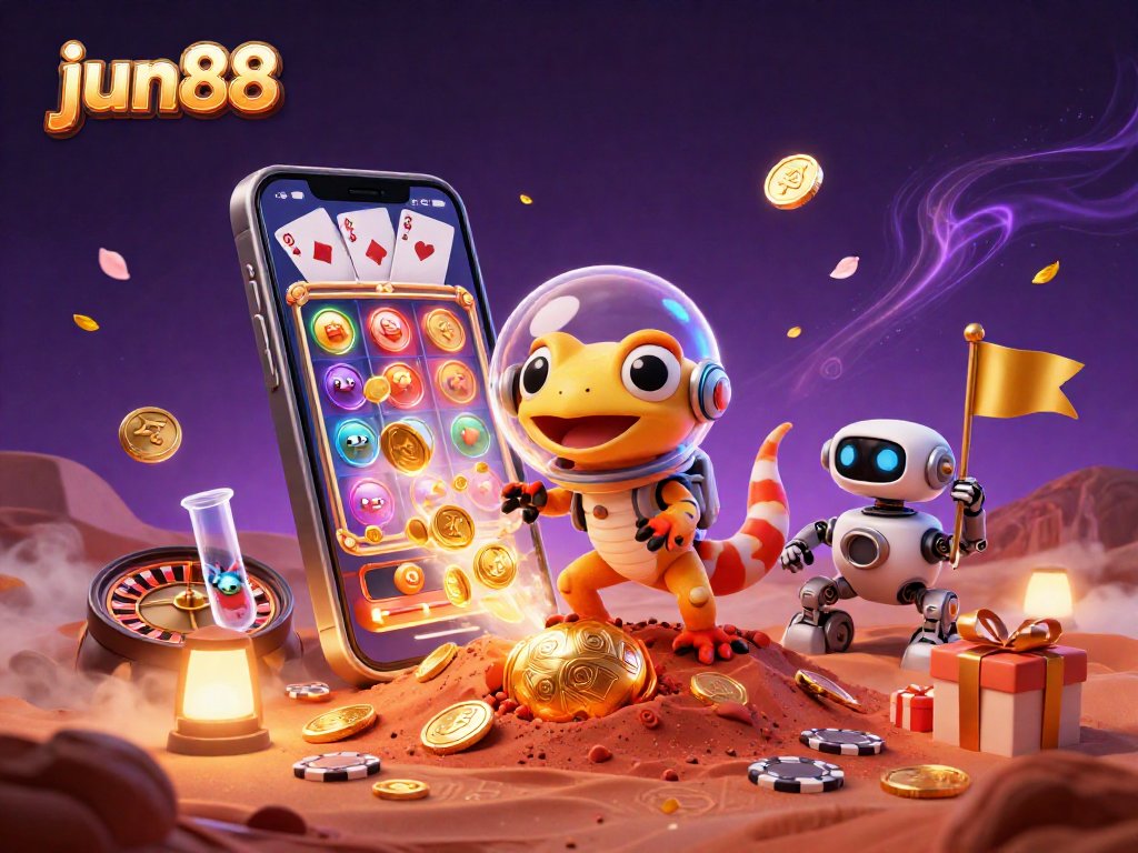 Experience thrilling gameplay at jun88 with a Martian gecko uncovering a golden casino adventure!