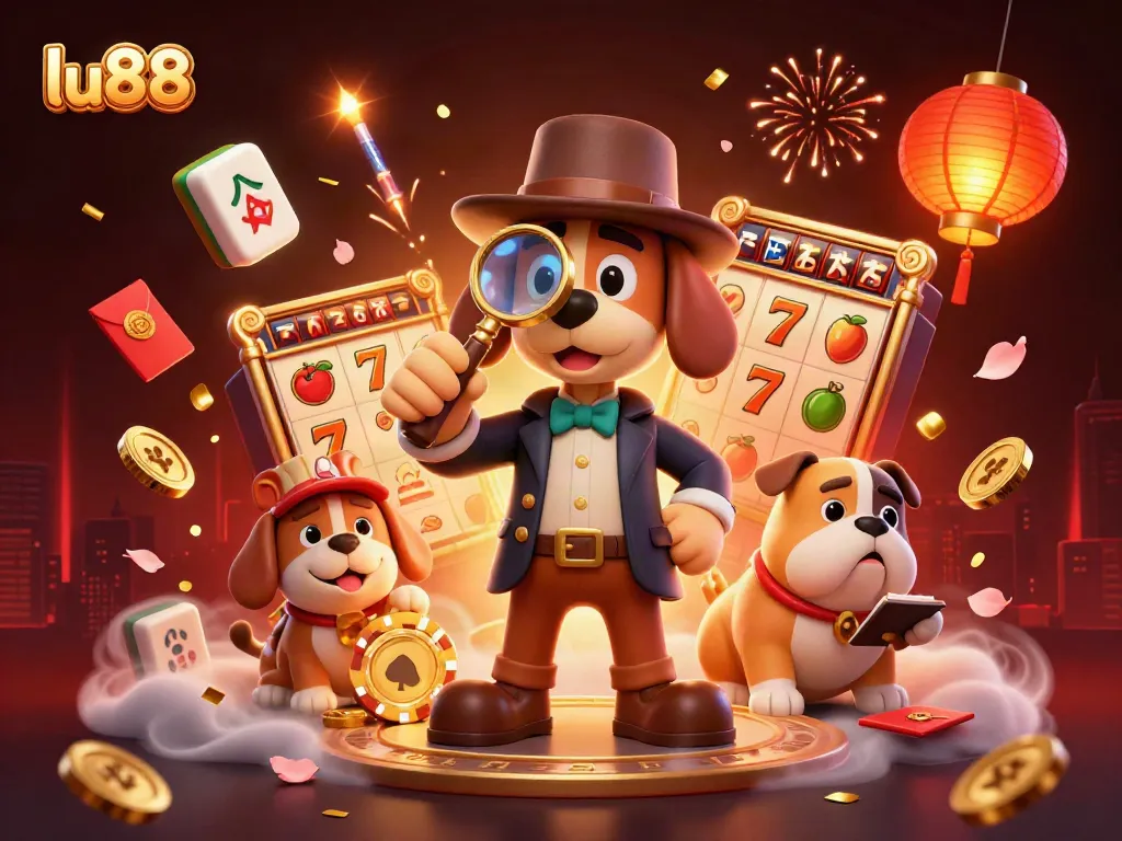 Spin the winning slots at lu88 with golden poker chips and festive decorations in this vibrant illustration.