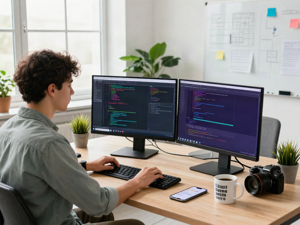 Developer coding gbwhatsapp in a bright modern workspace, dual monitors displaying colorful code.